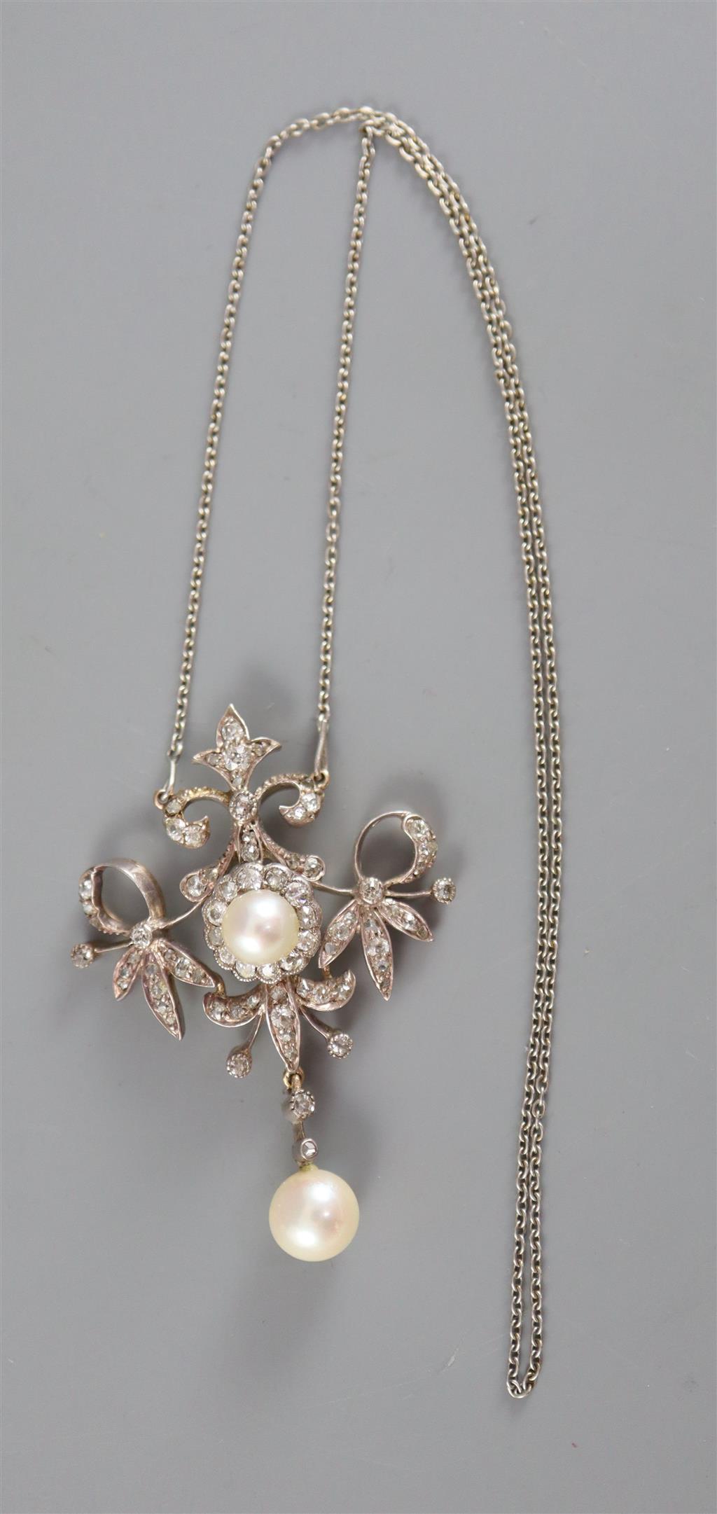 A late Victorian gold, silver, round and rose cut diamond, split pearl and drop pearl set pendant necklace,